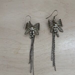 Silver Bow Drop Earrings with Crystal Accents
